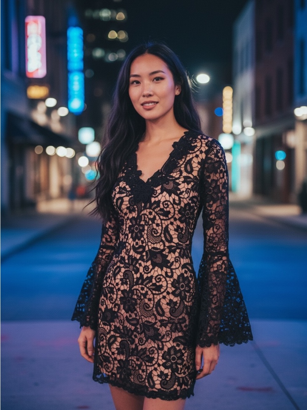 NEW Julian Chang Black nude lined Lace Long bell Sleeves V-Neck Mini Dress 4